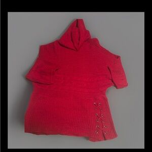 Jennifer Lauren Plus Red Sweater Ladies Top Gold Tied Bottom 1X Cowl Neck